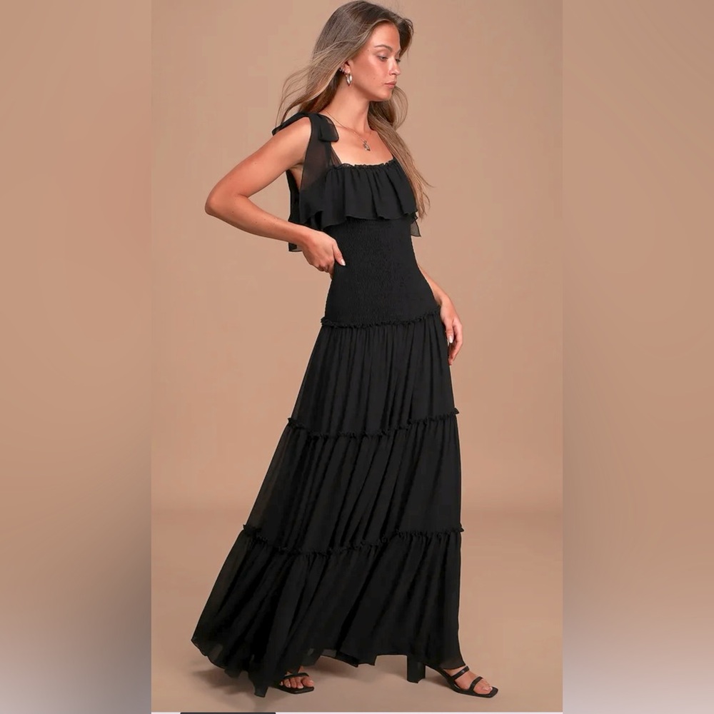 Lulu’s Like a Fairy Tale Black Smocked Tie-Strap Tiered Maxi Dress - Never Worn!